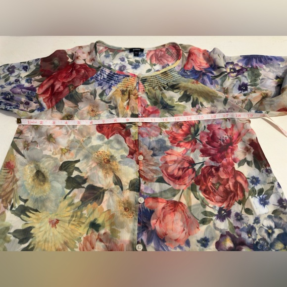 Express Floral Sheer Smocked Balloon Sleeve Button Up Shirt - Picture 9 of 9